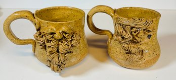 Pair Of Studio Pottery Mugs - Bearded Faces