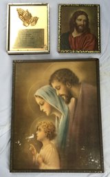 Lot Of 3 Antique Framed Christian / Catholic Artwork Wall Hangings - Jesus, Mary, Joseph, Prayer Plaque