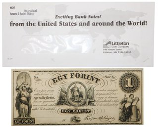 1800's Hungarian 1 Forint Banknote Uncirculated With Original Littleton Envelope