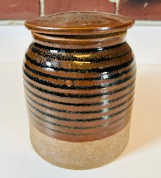 Healy Pottery Ireland Brown Striped Jar With Lid - As Found