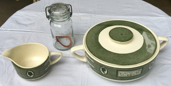 Lot Of C.1950 Royal China Colonial Homestead Pattern Green Covered Casserole, Creamer & Weaton Canning Jar