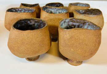 Set Of Unusual Studio Pottery Footed Mugs, Signed