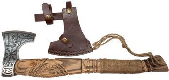 Large Steel Blade Axe With Beautiful Carved Wooden Handle And Leather Sheath 20.75'(Read Description)
