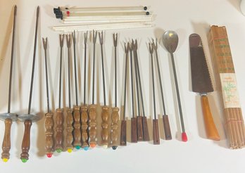 Lot Of Fondue Forks, Glass Cocktail Straws And More