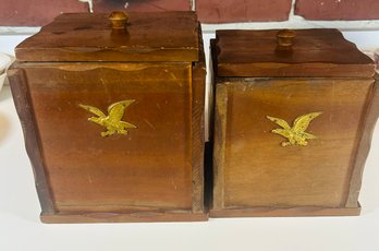 Two Vintage Vintage Wooden Cannisters With Eagles