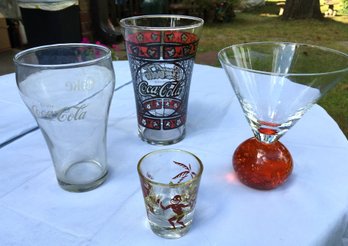 Lot Of 4 Vintage Beverage Glasses - Cointreau Glass Bubble Martini, Federal Jungle Native Shot, Coca-Cola Coke