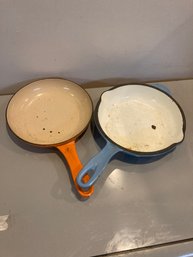 Two Cast Iron Enamel Vintage Frying Pans, Orange And Blue