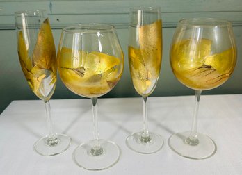 Set Of Gold Leaf Wine Glasses & Champagne Flutes, Signed