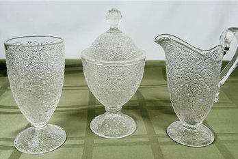 Textured Glass 3 Piece Set Candy Dish With Lid, Pitcher, Goblet