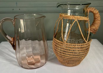 Vintage Rattan Pitcher And Pink/Peach Pitcher