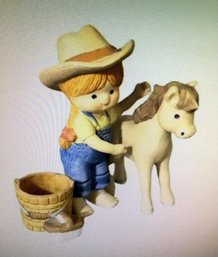70s-80s Enesco Country Cousins 'Katie Grooming Pony' No. E-4381 - New Old Stock Unused Figurine Set In Box