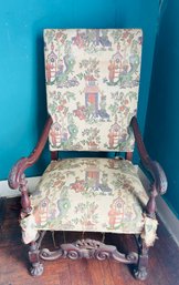 Vintage Upholstered Carved Throne Arm Chair
