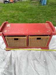 Vintage Red Wooden Storage Chest With Two Wicker Drawers