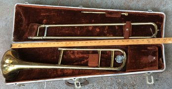Old Brass Trombone Horn W/ Mouthpiece & Accessories In Case