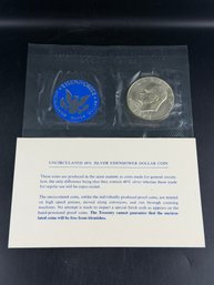 1973-S Eisenhower 40% Silver Dollar: Uncirculated, Original Blue Envelope