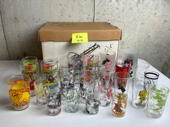 BOX LOT, Vintage Cartoon Swanky Swigs & Tumblers, Davy Jones, Shot Measuring, Indiana Jones, Tom Sawyer, MORE