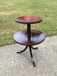 Antique Leather Top 2 Tier Round Tea Table W/ Embossed Gold Border