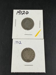 Lot Of 2 V Nickels 1912, 1912-D