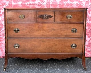 Antique J.d. Bassett Manufacturing & Co Federal Style 3 Drawer Chest W/ Wooden Casters