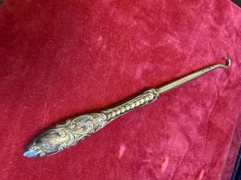 Antique Victorian Sterling Silver Handled Button Hook With Ornate Repousse Floral Scrollwork