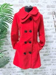 Vibrant Red Double-Breasted Coat With Wide Layered Collar Size XL