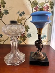 Antique Victorian Style Figural And Pressed Glass Stem Kerosene Oil Lamps