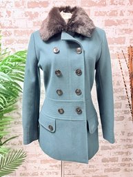 Espirit Double Breasted Evergreen Wool Coat With Trimmed Collar Size Small