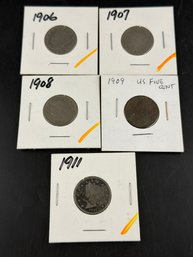 Lot Of 5 V Nickels 1906, 1907, 1908, 1909, 1911