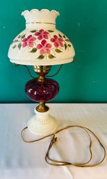 Vintage Light, Pink Base, Painted Floral Glass Shade - Pretty!