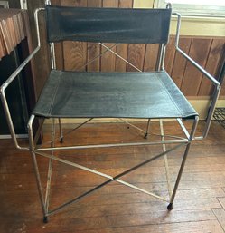 Vintage Folding Director's Chair, Black Leather