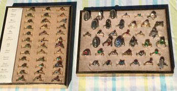 Lot Of 72 Vintage 1960s - 1970s Jewelry Rings In Cases - Rhinestone Diamond, Abalone, Turquoise & Coral