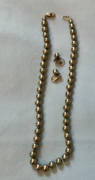 Vintage Gray Faux Pearl Beads Necklace With Matching Earrings Made In Japan