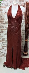 Chocolate And Copper Beaded Sunburst Full Length Halter Style Gown