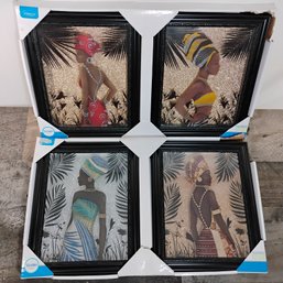Set Of 4 African American Women Framed Art Prints With Glitter Accent Afrocentric Wall Decor Modern