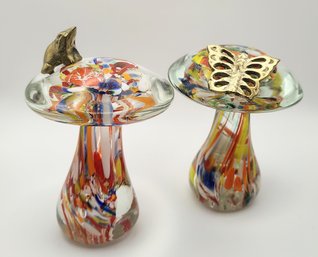 Two Murano Glass Mushrooms With Brass Attachments
