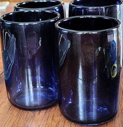 Set Of Four And Blown Cobalt Blue With Gold Flecks Signed