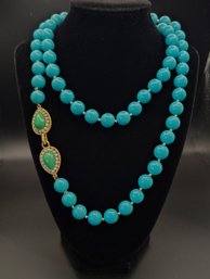 Vintage Faux Turquoise Individually Knotted Beaded Necklace With Gorgeous Clasp