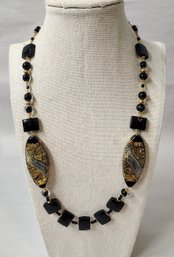 Vintage Murano Art Glass Black & Gold Foil Beaded Statement Necklace