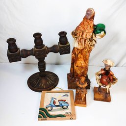 Vintage 1970s Mexican Wood Candelabra & Global Folk Art Lot - Papier-Mch & Sand Art