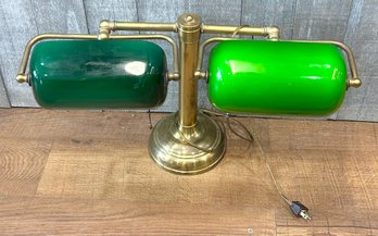 Vintage Brass Double-shade Banker Lamp Featuring Adjustable Green Glass Shades