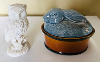 Vintage Owl Figurine And Rabbit Covered Bowl