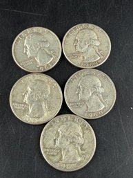 Lot Of 5 Washington Silver Quarters 1960-D, 1961-D, 1962-D, 1963-D, 1964-D