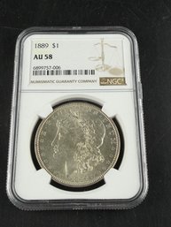 1889 Morgan Silver Dollar: AU 58 NGC Graded In Case