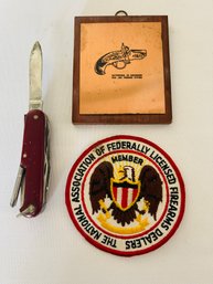 Misc. Lot - Pocket Knife, Firearms Dealer Patch, Derringer Plaque
