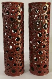 PR. Ceramic Holed Ornamental Vase Decorative, Brown Openwork Ceramic Cylinder