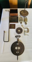 Lot Of Vintage Metal Items - Box, Locks, Clamp, Reversible Spindle, Etc.