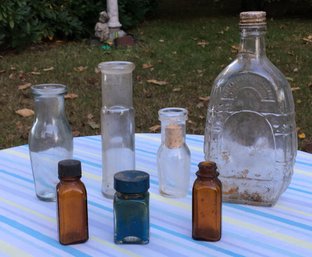 Lot Of 7 Antique Bottles - Poison, Prohibition, Scotch, Milk. Olives. Medicine, Paint