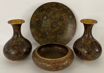 Vintage Cloisonné, Enamel, 4 Pc Set, Plate, Bowl, PR Vases