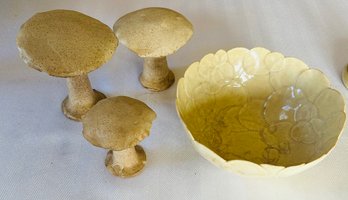 Studio Pottery Lot - Three Mushrooms And A Bowl