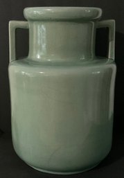 Floor Standing Crate & Barrel Glazed Celadon Buttress Handles, Cella Vase, Vessel
